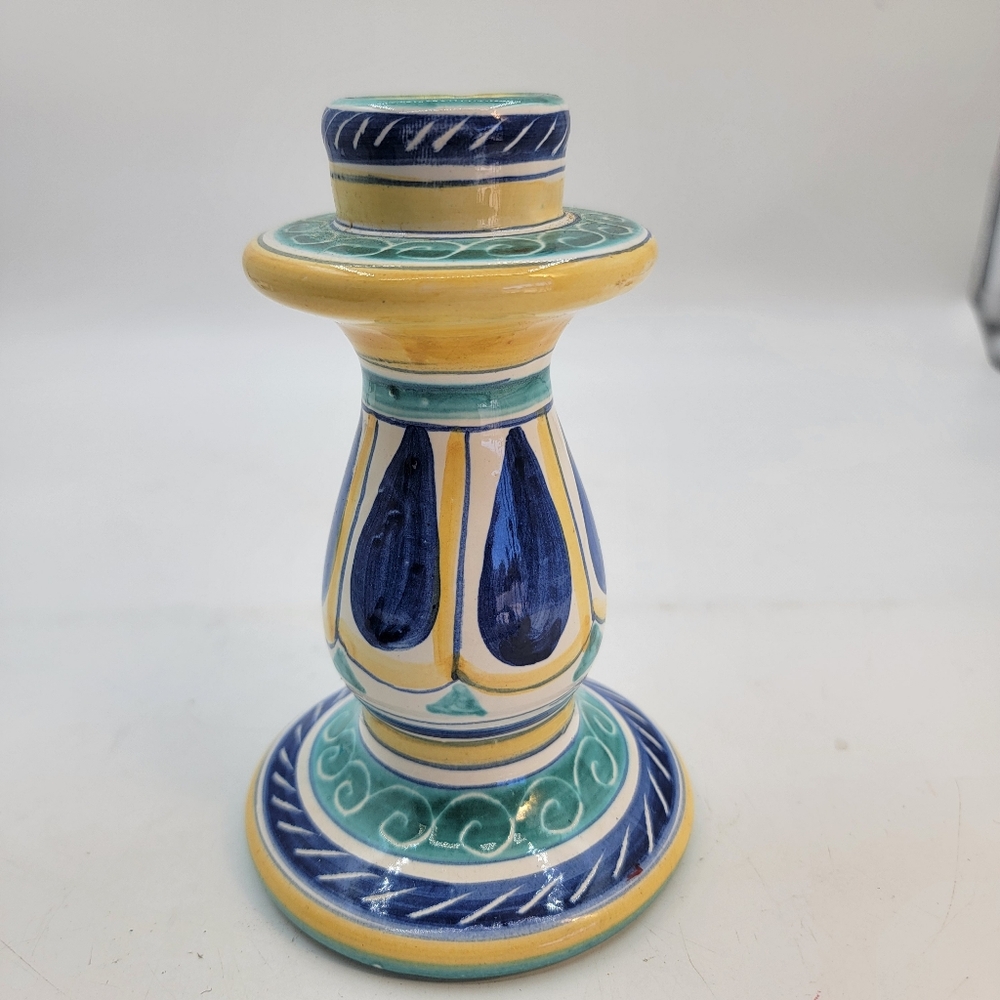 Vintage Vietri Italian deruta Candle holder teal blue yellow white 6inx4in